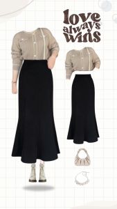 Outfit Cewek 1 Set: Cardigan & Rok Duyung Hitam & Tas Lucu & Kalung Aesthetic