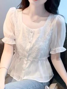 Elegant French Style Short Sleeve Waist Tucked Blouse