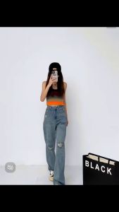 Ripped jeans womens new high waist mopping pants design sense straight drape wide leg pants ins tre