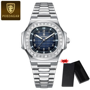 【With a Watch Box】POEDAGAR Top Brand Fashion Men Watches Luxury Business Man Wristwatch Waterproof Luminous Date Week Quartz Watches Square Shape Stainless Steel Strap High Quality Mens Watch 925G + Watch Box
