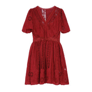 Red Lace Rose Embroidery Hollow V-Neck Luxury Dress