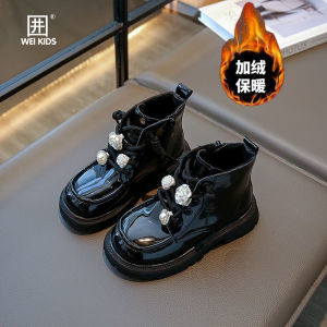 Girls Fleece Lined Martin Boots Shiny Leather Autumn Winter Style Side Zipper Low Cut Booties round Toe Flat Heel Rubber Outsole