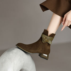 MoneLinda Faux Suede Short Boots Chunky Heel Square Head Ankle Boots Belt Buckle Splicing Martin Boots Womens Footwear