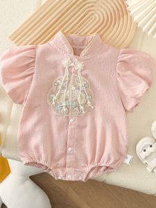 Hundred Days Baby Clothes Onesie Baby Girl Chinese Style Traditional Summer Puff Sleeves Romper Baby Full Moon Full Year Dress