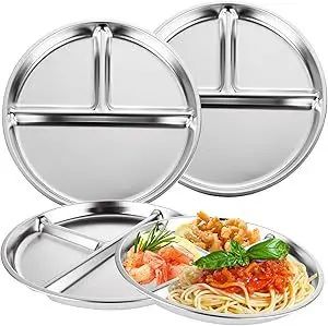 23CM Creative Round Stainless Steel 3 Grid Durable Dinner Plate Serving Tray For Kids Student Quantitative Proportion Meal Plate
