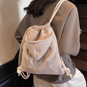 กระเป๋าเป้สะพายหลังผ้าลายเส้นสไตล์เกาหลีสำหรับเดินทางและใช้ในชีวิตประจำวัน กระเป๋าถือแบบมีเชือกผูก กระเป๋าสะพายไหล่สำหรับเด็กและเยาวชน