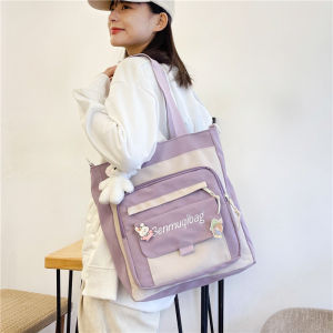 Xing Ruoxuan ความจุขนาดใหญ่กระเป๋าไนลอนนุ่มน่ารักปักไหล่กระเป๋าสะพายข้างสําหรับประถมศึกษาและมัธยมศึกษาหญิงสถานการณ์สบายๆ