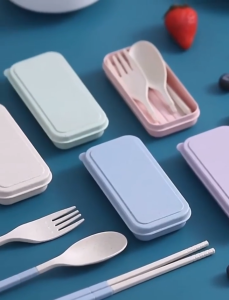 Folding Spoon Household Portable Chopsticks Fork Non-slip Anti-scalding Wheat Straw Tableware Set