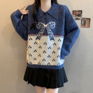 SHIMANQING | Ribbon Jacquard Turn-Down Collar Large Size Winter Knit Top