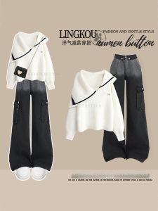 NUMEN BUTTON | Large Size Autumn Korean Style Elegant School Wear Reducing Age Knit Hoodie Vintage Overalls Set