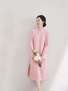 Elegant New Chinese Style Long Sleeve Pink Dress Womens Qipao Dress Daily Wear Beautiful Artistic Low Slit Polyester Viscose Spandex Silk Wool Blend