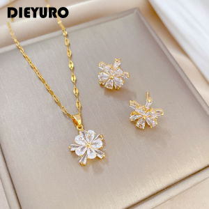 DIEYURO 316L Stainless Steel Lovely White Crystal Flower Charm Necklace Earrings For Women Girl New Trendy Jewelry Set Gift