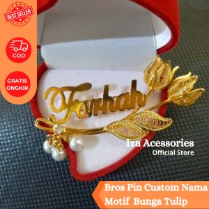 Bros Pin Bunga Tulip Ukir Nama Berlapis Emas