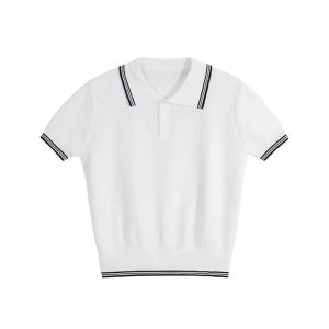 YUEZHONGWEI | White Knitted Short Sleeve Polo Shirt Womens Summer Design Slim Fit Shoulder Polo Top For Small Stature People