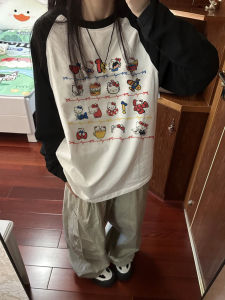 Hello Kitty Long Sleeve Pure Cotton T-Shirt Womens Style Commute Korean Version Oversize Print round Neck Regular Length