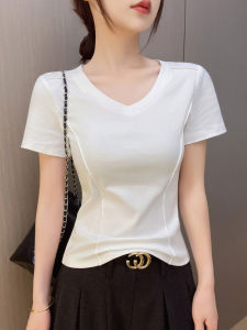 White V-Neck Short Sleeve T-Shirt Womens Summer New Waist-Cinching Fishbone Design Versatile Shoulder-Length Half Sleeve Base Top Trendy