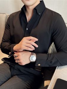 French Style Slim Fit Long Sleeve Mens Shirt Formal Wedding Party Fashionable Polyester Blend Washed Standard Fit White Shirt