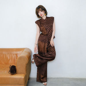 Retro Rayon Print Sleeveless Top and Wide-leg Pants Set