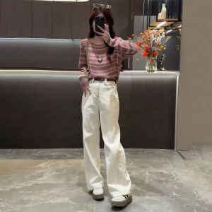 2024 New Stripe Knitted Sweater And Wide Leg Jeans Two Piece Set Women Fashion Anti Aging Autumn Combination Whole Set