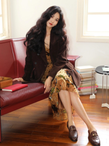 DANTING | Early Autumn Fashion Set Korean Style Commuter Charm Coffee Color Suit Jacket with Print Strap Dress
