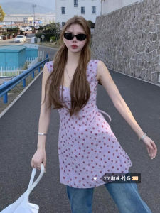 Sweet Gentle Sleeveless Print Short Wrap around Vest U-Neck Winter Slimming Womens Dress Elegant Style A-Line Skirt Dress