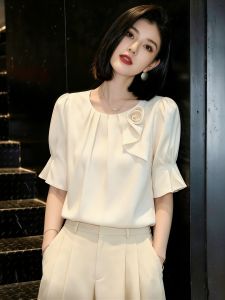 SHUAIYUE | Áo Blouse Mùa Hè Phong Cách Pháp Đính Hoa 3D và Tay Bồng Ôm Sát Trắng