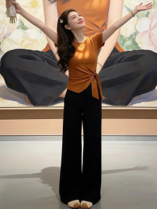 Shalldoer | Elegant Asymmetrical Bow Short Sleeve Knit Top and Wide Leg Pants Set Summer