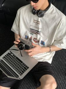 Illustration Korean Style Retro Casual Heavy Weight Small Neckline Loose Shoulder Slim Looking Couple T-shirt American Short Sleeve Men and Women