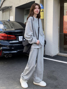 Casual Hong Kong Style Womens Autumn Winter Fashionable Sweater Wide Leg Pants Two Piece Set Sportswear Comfortable Cotton Long Sleeve round Neck