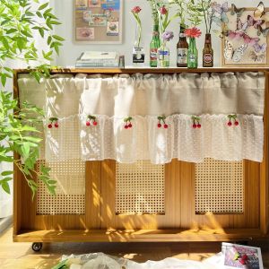 สีขาว Polka Dot Sheer ผ้าม่านสั้นเชอร์รี่ Decor Bright สดห้องครัวตู้ Valance ตกแต่งห้องนอนฉัตร Window Drapes