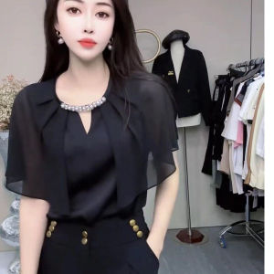 Fashionable European Short Sleeve Chiffon Top Women Summer Loose plus Size Slimming T-Shirt Casual Versatile Belly Covering Shirt