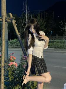 ชุดเครื่องแบบเด็กนักบินฤดูร้อน ชุดทำงานแขนสั้นสีขาว กระโปรงจีบสีสันสดใส ชุดสองชิ้น เอวสูง ทรงเอ กระโปรงสั้น