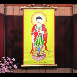 Tranh Liễn Phật Giáo - tranh A Di Đà Vải canvas kim tuyến sắc nét Nẹp sáo gỗ tự nhiên- GIÁ XƯỞNG