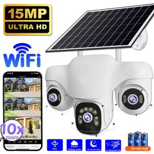 Camera IP WIFI Năng Lượng Mặt Trời 15MP 10X Zoom Ngoài Trời Chống Nước Có Pin Theo Dõi Tự Động 3 Ống Kính PTZ Có Động Cơ Giám Sát An Ninh