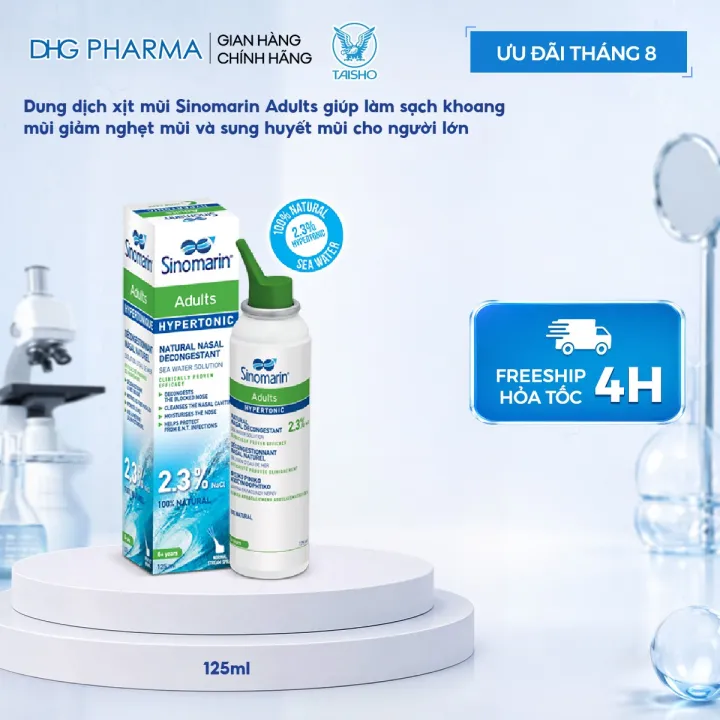 Dung dịch xịt mũi Sinomarin Adults 125ml, giúp làm sạch khoang mũi, giảm nghẹt mũi và sung huyết mũi cho người lớn