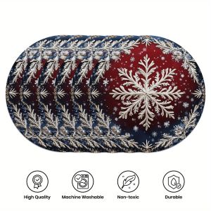 VIKAMA 6-Piece Red-Bottom Snowflake Pine Branch Placemats Christmas Family Gathering Holiday Party Table Decor