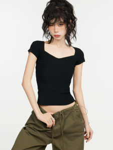 Áo Thun Nữ Tay Ngắn Dệt Kim Ôm Vừa Vặn Cổ Vuông Màu Đen Mùa Hè 2024 Phong Cách Mới Thường Ngày Chất Liệu Polyester