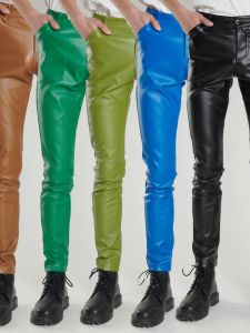 PU เยาวชนชาย หนัง กางเกง สลิมฟิต ทันสมัย กันน้ํา สีเขียว Blue Bar Style Velvet Plantation Long กางเกงขายาว