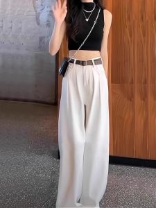 กางเกงยีนส์ผ้าไหมสีขาวเอวสูงทรงหลวมสำหรับผู้หญิง กางเกงขายาวทรงขากว้างบางเฉียบ ฤดูใบไม้ผลิและฤดูร้อน กางเกงขายาวผ้าไหมน้ำแข็ง