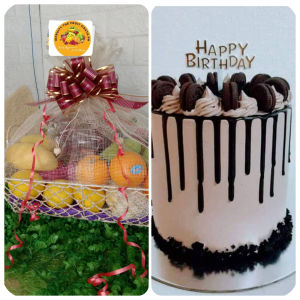Customized Fruit basket w/Delicious Drip Cake moist chocolate for only ₱5500ideal gifts.✔️YES to same day delivery 🚚