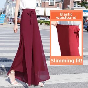 Summer New High Waist Wide Leg Pants Womens Chiffon Drapey Loose Double Layered Skirt Pants Elegant Casual Trousers