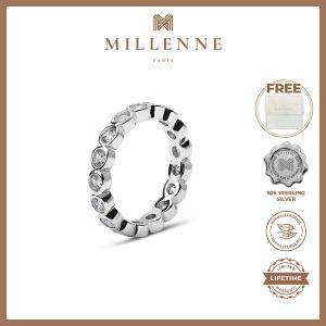 MILLENNE Made For The Night Bezel Set Circular Crustal Cubic Zirconia Rhodium Ring with 925 Sterling Silver