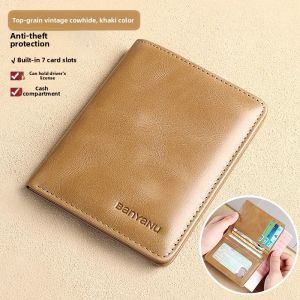 Slim Business Mens Wallet Top Layer Cowhide Leather Short Style Driver License Card Holder Classy Simple Design New 2025 Model