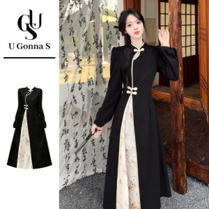 Women Long Dress Cheongsam 2024 Long Sleeve A-line Elegant Traditional Clothing for Temple Casual Daily Occasions School Uniform Black Long Gown Stretchable