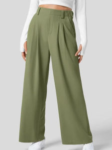 High Waist Loose Wide Leg Casual Pants Comfortable Vintage High Waist Flounced Detail Zipper Closure Long Straight Tube Pants