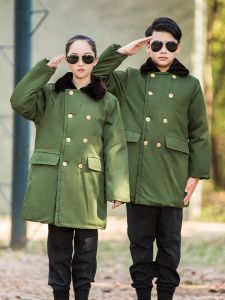 Thickened Green Military Coat Childrens Long Cotton Jacket for Boys And Girls Winter Warmth Northeast Style Kids Clothes