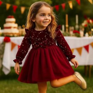 Girl Dress Autumn Winter Velvet Long Sleeved Mesh Bow Princess Dress Childrens New Year Children Party Festive Dress For Girl
