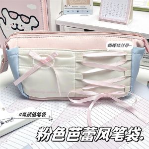 Korean Version Simple Pink Ballet Style Bow Ribbon Pencil Case Student Large Capacity Pencil Case Pencil Storage Bag Makeup Bag