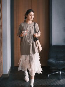 VKSOD | Retro Korean Style Short Sleeve T-Shirt Womens Summer Lazy Style White Loose Half Skirt Two-Piece Set Casual Print Top Bottom