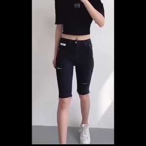 (พร้อมส่ง) กางยีนส์สามส่วน เอวสูง ผ้ายืด กางเกงยีนส์สามส่วนผู้หญิง กางเกงขาดข้าง มี2 สี มีไซส์ S-XL